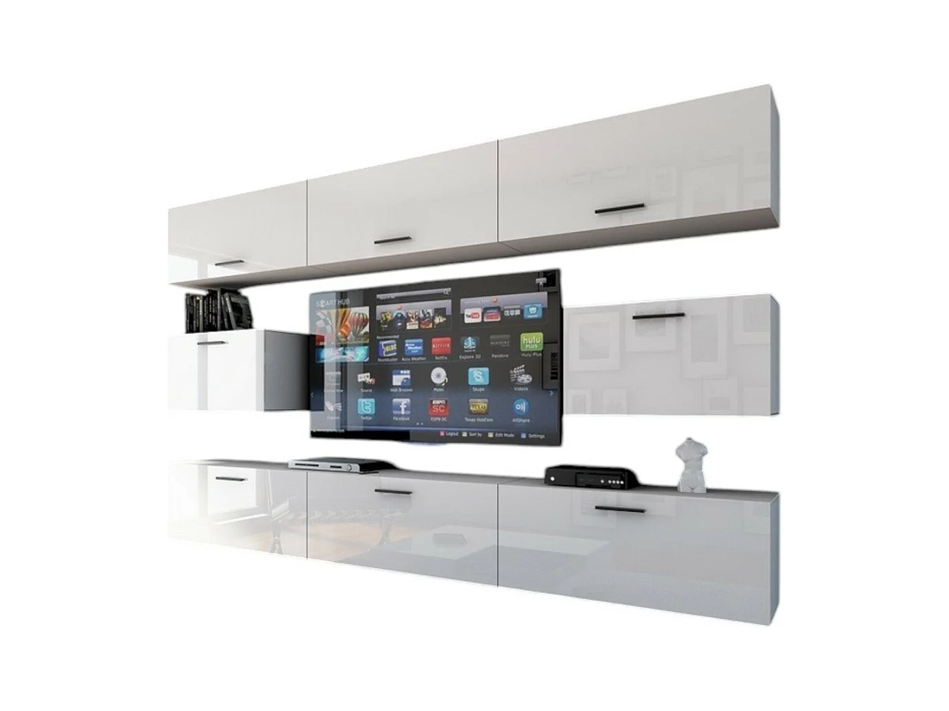Ensemble de meubles de salon blanc suspendus collection CEPTO VII 249cm, 8 portes, modulables.