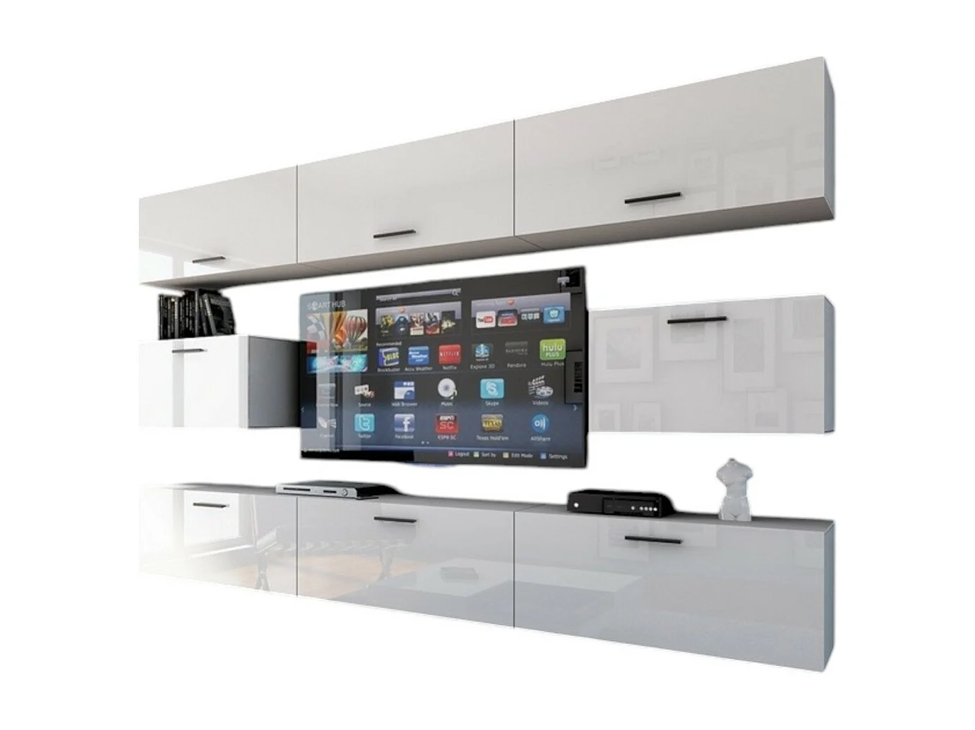 Ensemble de meubles de salon blanc suspendus collection CEPTO VII 249cm, 8 portes, modulables.