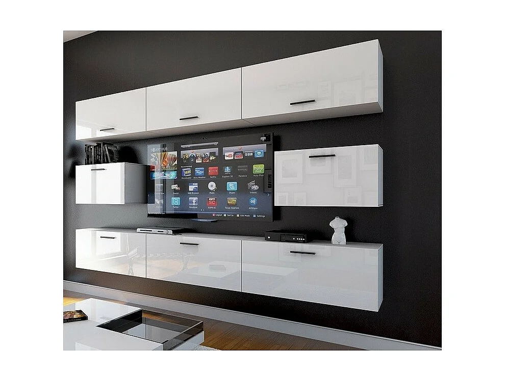 Ensemble de meubles de salon blanc suspendus collection CEPTO VII 249cm, 8 portes, modulables.