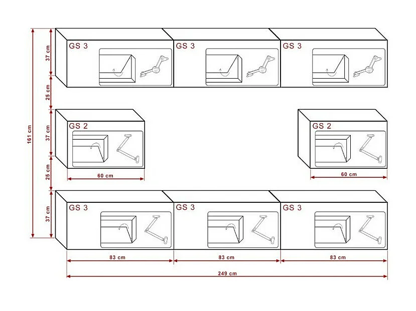 Ensemble de meubles de salon blanc suspendus collection CEPTO VII 249cm, 8 portes, modulables.