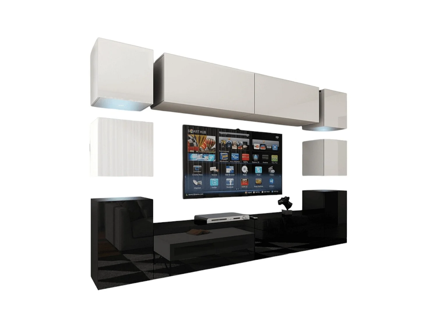 Wandmeubelset voor de woonkamer, laag in zwart, hoog in wit, collectie CEPTO XIV. 256cm, 10 meubels, leds.