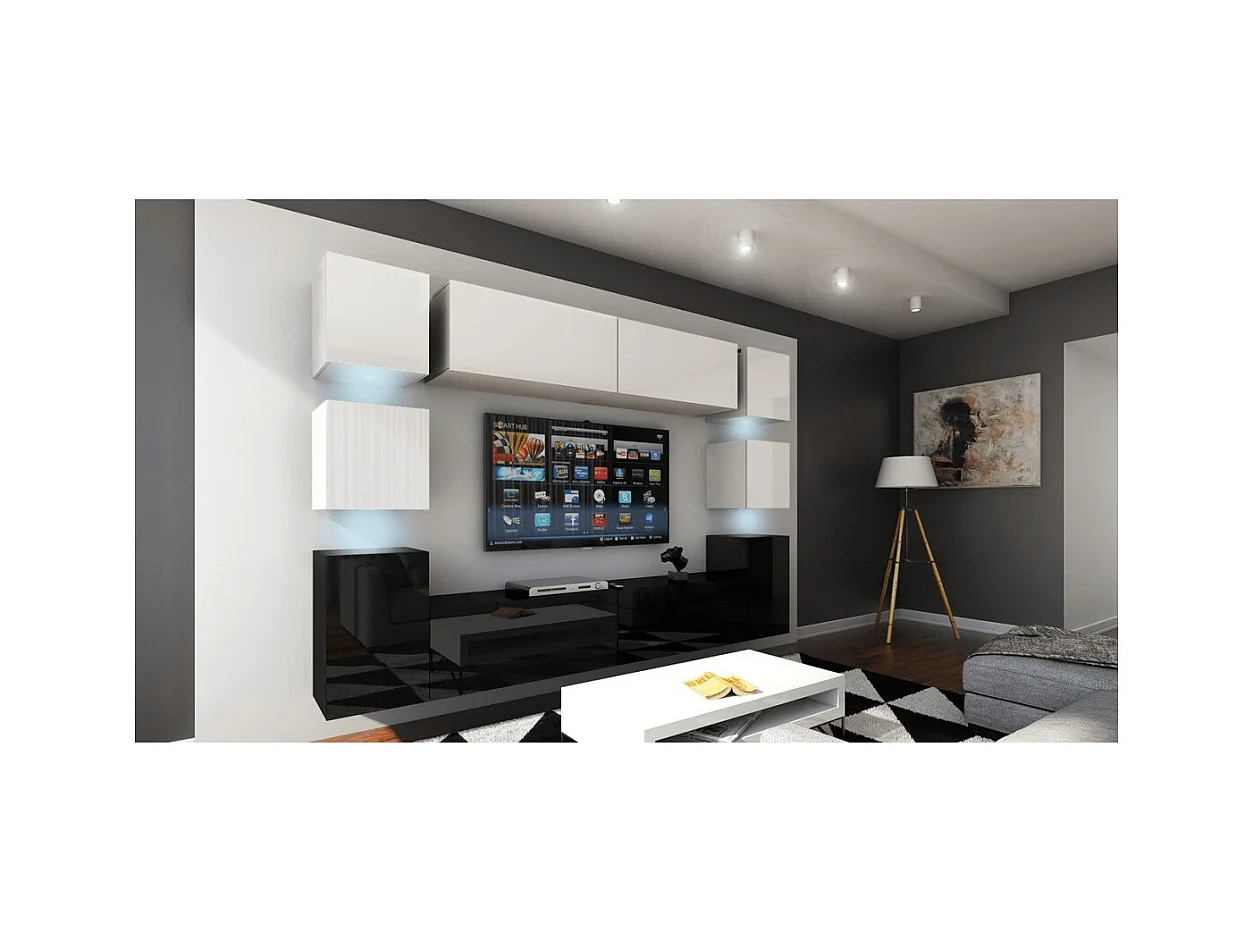 Conjunto de móveis de sala de estar suspensos, parte inferior preta, parte superior branca, coleção CEPTO XIV. 256cm, 10 móveis, com leds.