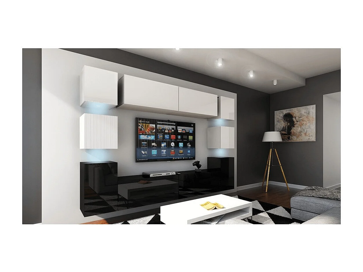 Wandmeubelset voor de woonkamer, laag in zwart, hoog in wit, collectie CEPTO XIV. 256cm, 10 meubels, leds.