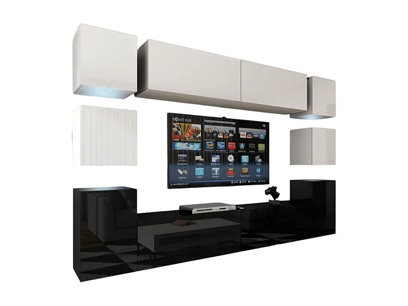 Wandmeubelset voor de woonkamer, laag in zwart, hoog in wit, collectie CEPTO XIV. 256cm, 10 meubels, leds.
