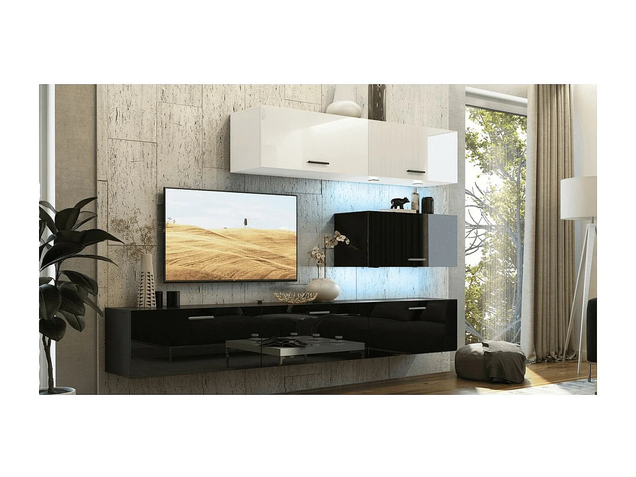 Ensemble meubles de salon haut blanc et bas noir suspendus collection CEPTO XXV 249 cm, 6 meubles, LEDs, modulables
