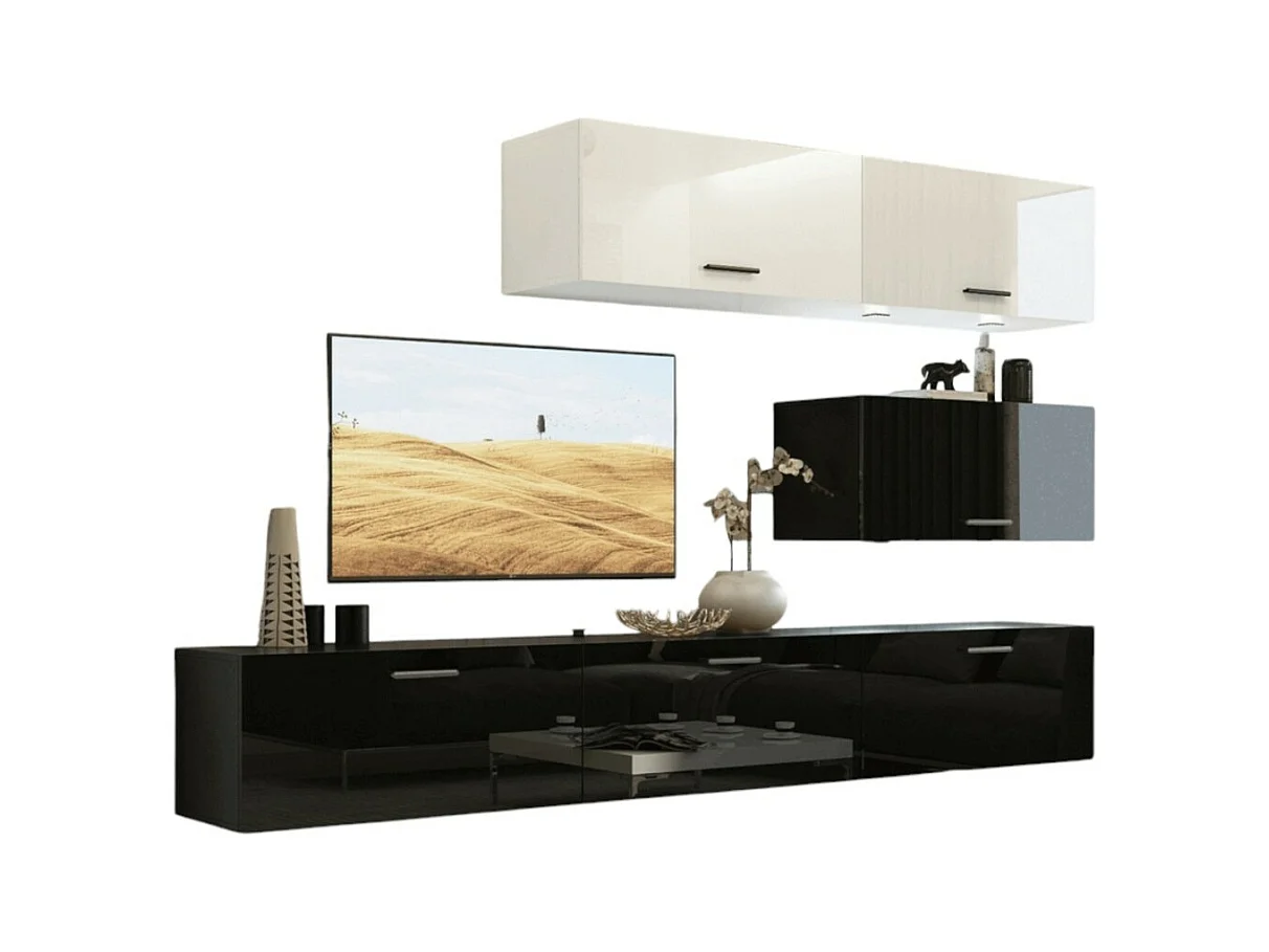 Ensemble meubles de salon haut blanc et bas noir suspendus collection CEPTO XXV 249 cm, 6 meubles, LEDs, modulables