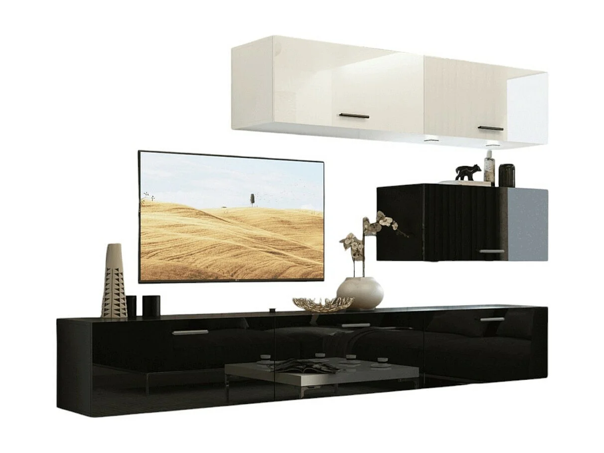 Woonkamerset hoogglans wit en mat zwart hangend collectie CEPTO XXV 249 cm, 6 meubelstukken, LED''s, modulair