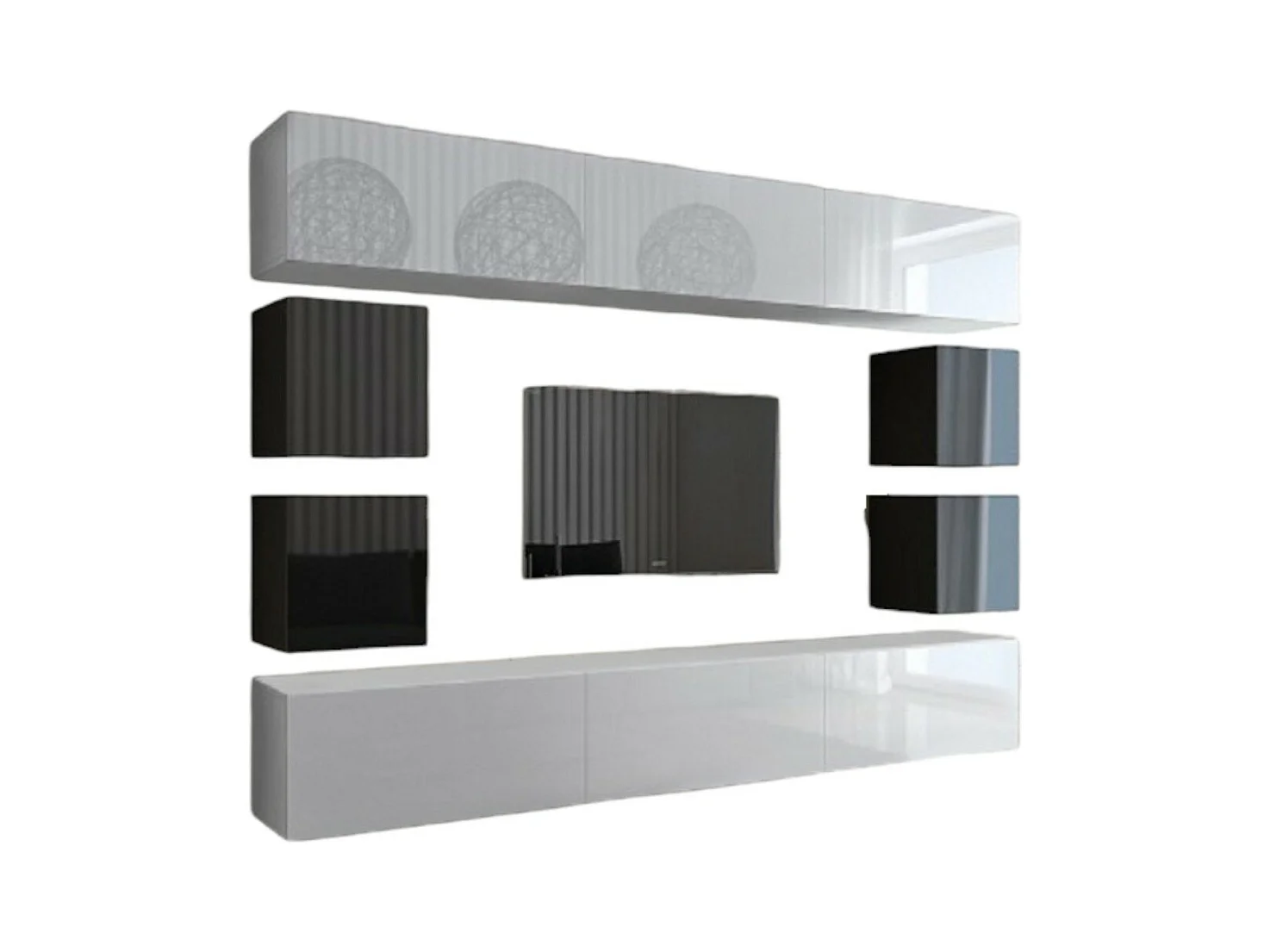 Ensemble meubles de salon blanc et noir suspendus collection CEPTO XVII 249 cm, 10 meubles, LEDs, modulables