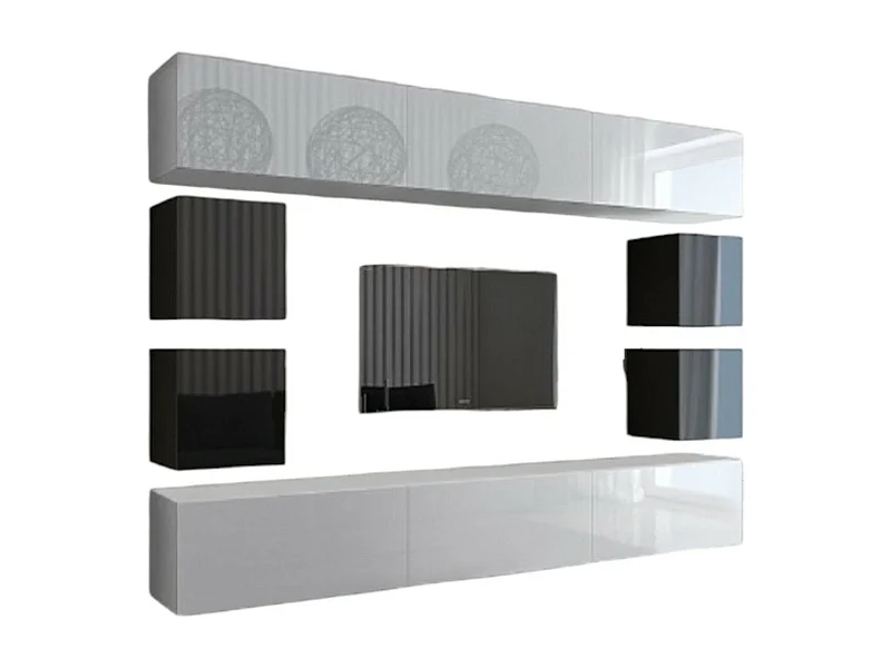 Conjunto de móveis para sala de estar branco e preto suspensos coleção CEPTO XVII 249cm, 10 móveis, com LEDs, moduláveis.