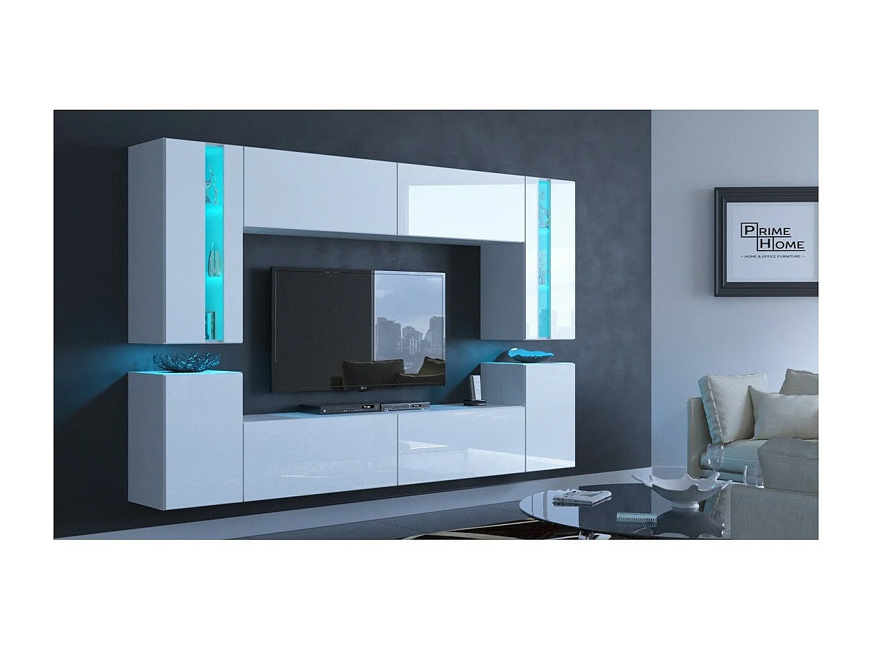 Conjunto de muebles de salón blancos colgantes colección CEPTO XXIV. 240cm, 8 muebles, leds, modulares.