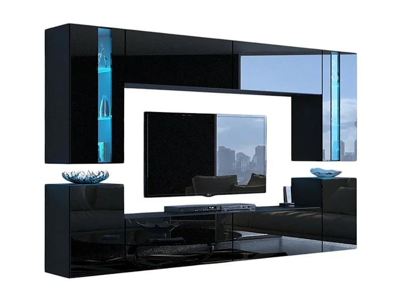 Schwarze, hängende Wohnzimmermöbel-Set Kollektion CEPTO XXIV. 240cm, 8 Möbelstücke, LEDs, modular.