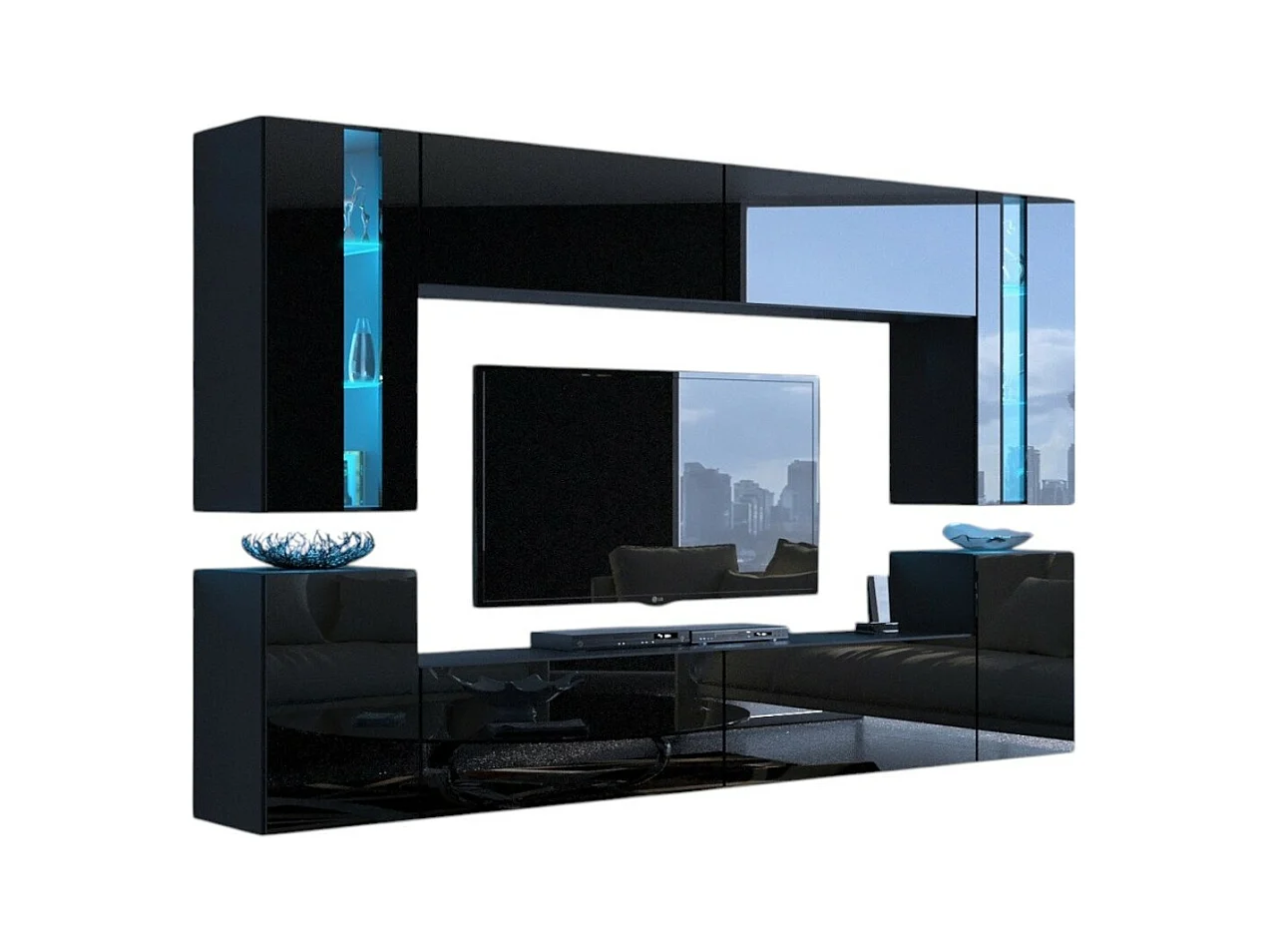 Ensemble de meubles de salon noir suspendus collection CEPTO XXIV. 240cm, 8 meubles, leds, modulables.