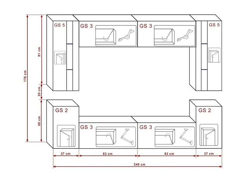 Zwarte zwevende woonkamer meubelset CEPTO XXIV collectie. 240cm, 8 meubelstukken, leds, modulair.