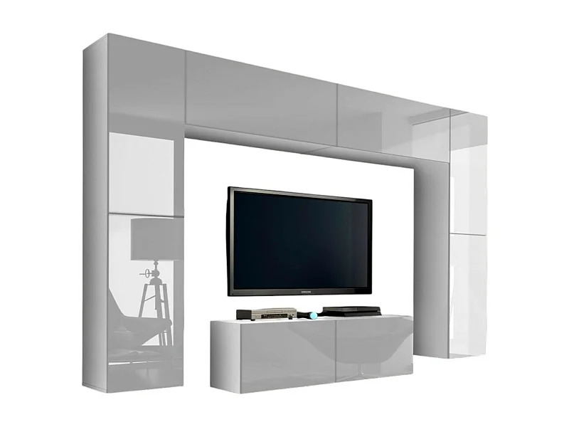 Conjunto de muebles de sala blancos colgantes colección CEPTO III 256cm, 8 puertas, 8 estantes, leds, modulares.