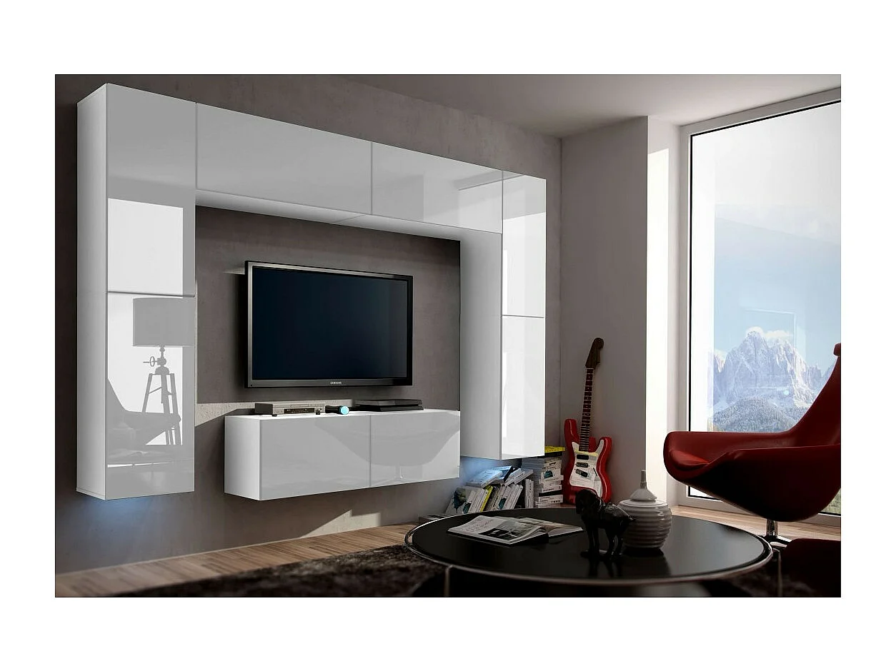 Conjunto de muebles de sala blancos colgantes colección CEPTO III 256cm, 8 puertas, 8 estantes, leds, modulares.