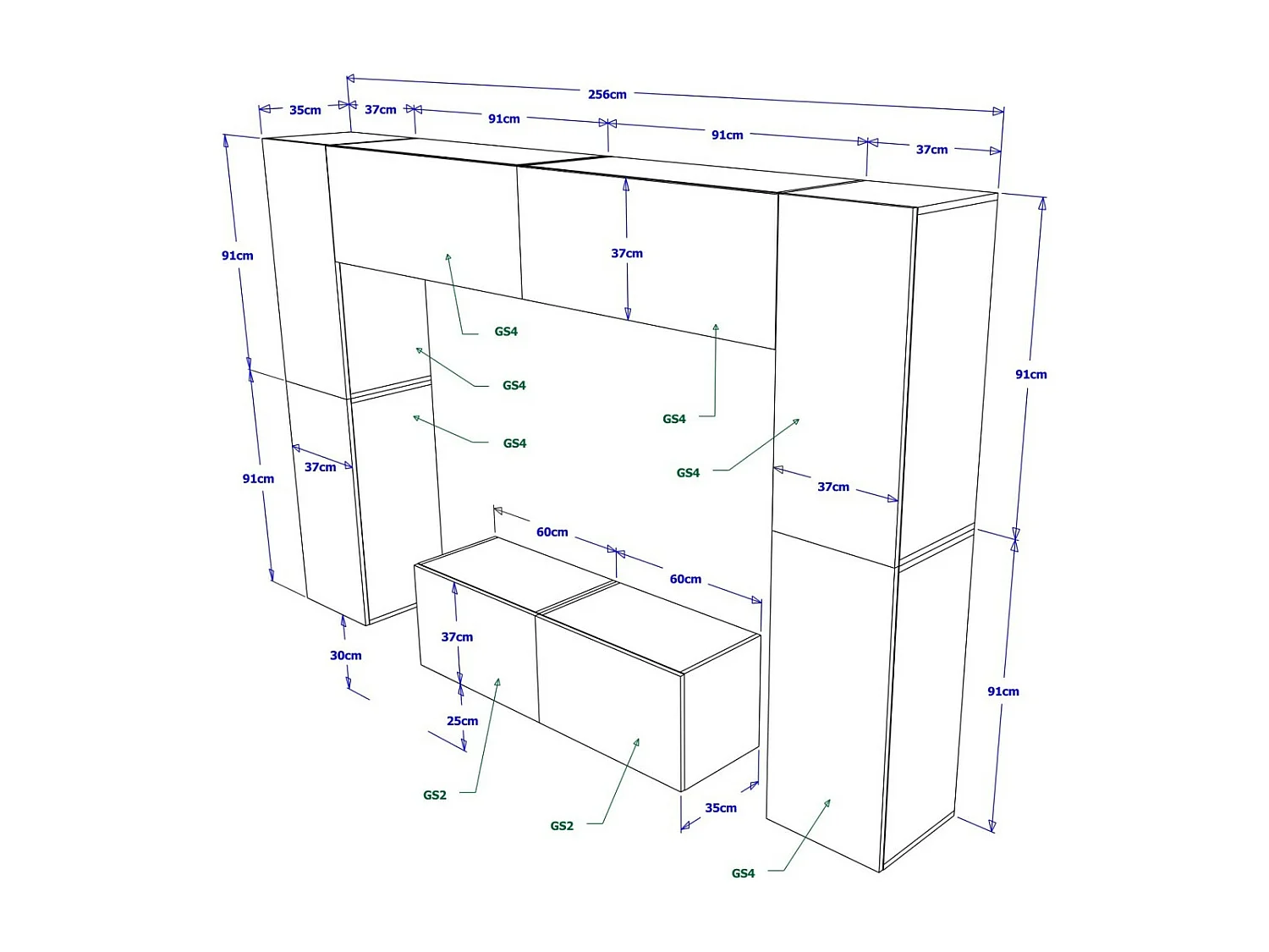 Conjunto de muebles de sala blancos colgantes colección CEPTO III 256cm, 8 puertas, 8 estantes, leds, modulares.