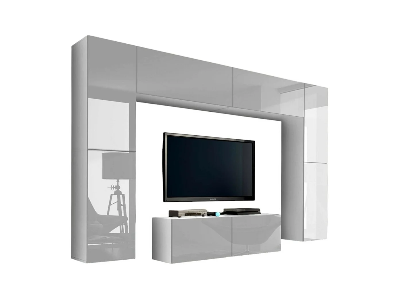 Ensemble de meubles de salon blanc suspendus collection CEPTO III 256cm, 8 portes, 8 étagères, leds, modulables.