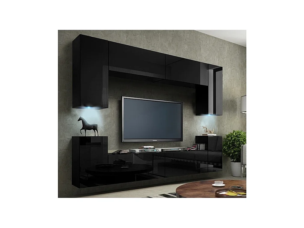 Ensemble de meubles de salon noir suspendus collection CEPTO I 240cm, 8 portes, 6 étagères, leds