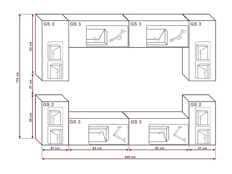 Zwarte hangende woonkamermeubelset CEPTO I collectie 240cm, 8 deuren, 6 planken, leds