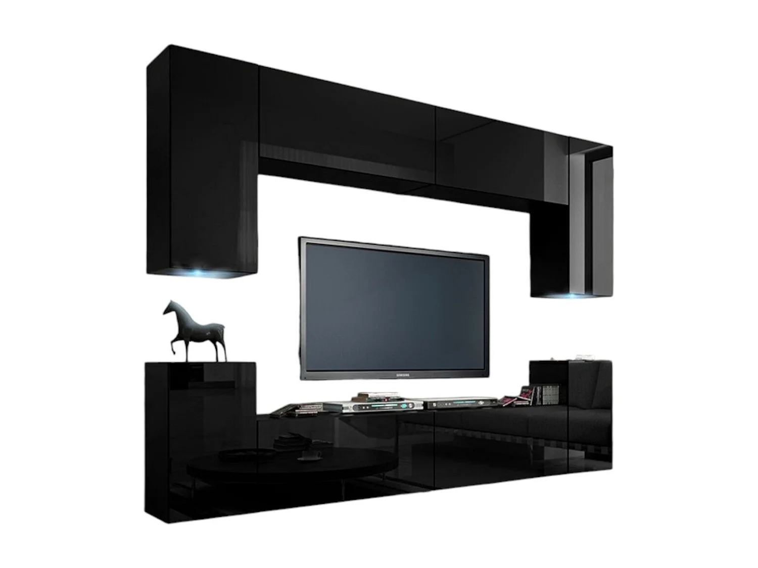 Ensemble de meubles de salon noir suspendus collection CEPTO I 240cm, 8 portes, 6 étagères, leds