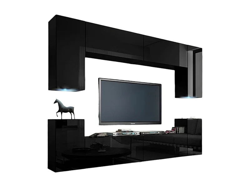 Ensemble de meubles de salon noir suspendus collection CEPTO I 240cm, 8 portes, 6 étagères, leds