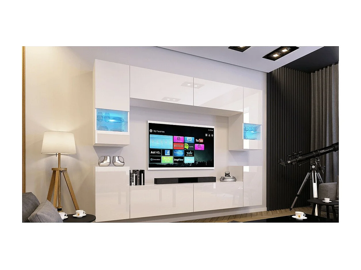 Conjunto de muebles de sala blancos, colgantes colección CEPTO XXVII. 240cm, 8 muebles, leds, modulares.