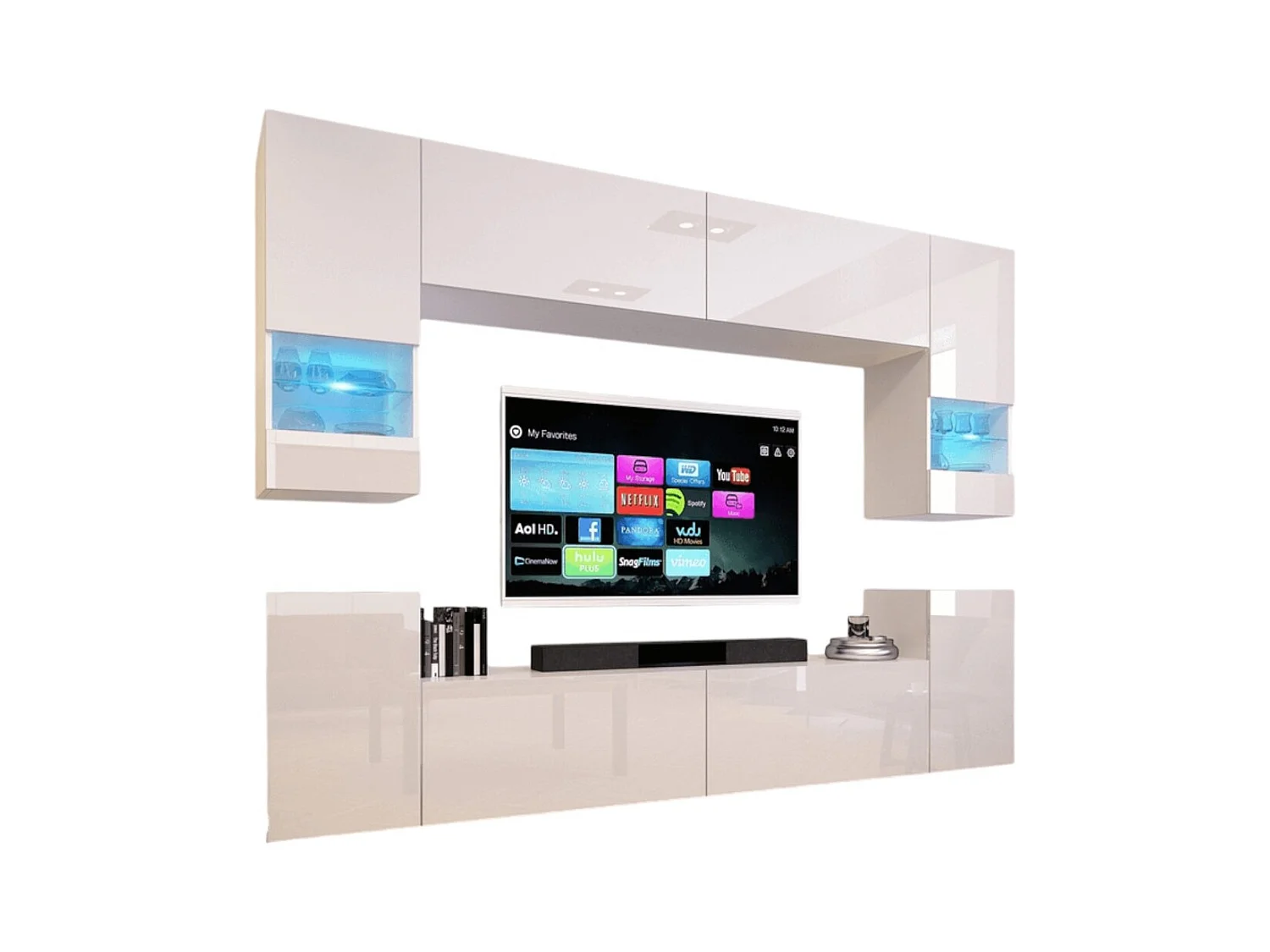 Witte woonkamer meubelset, hangend, collectie CEPTO XXVII. 240cm, 8 meubelstukken, led-verlichting, modulair.