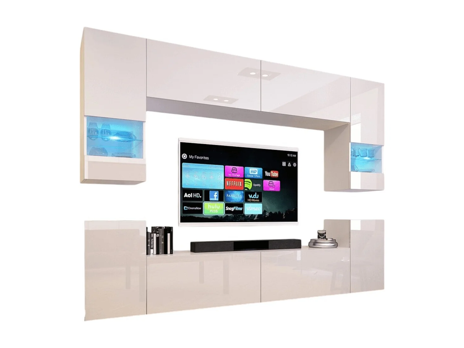 Ensemble de meubles de salon blanc, suspendus collection CEPTO XXVII. 240cm, 8 meubles, leds, modulables.