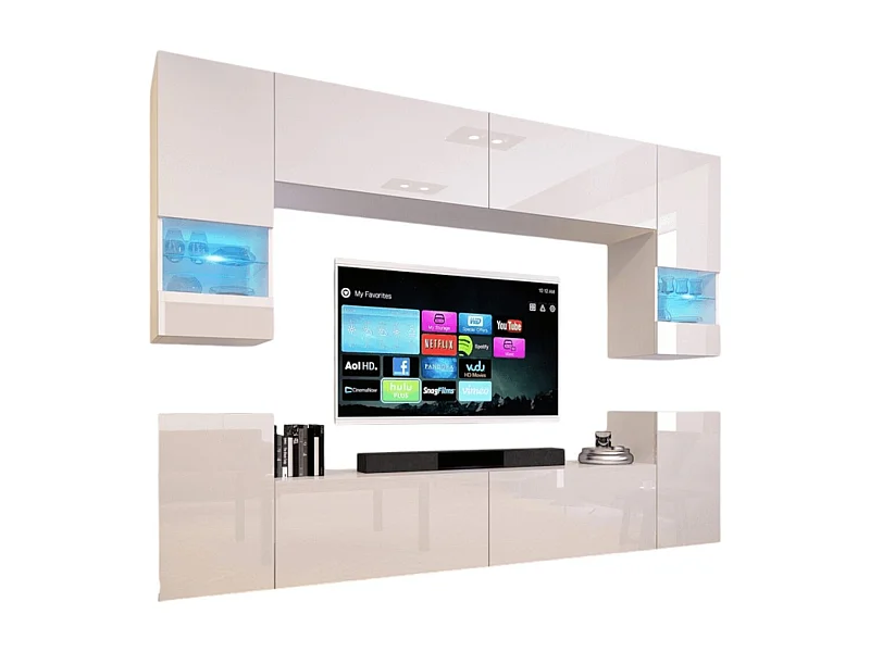 Weiße Wohnzimmermöbel Set, hängend, Kollektion CEPTO XXVII. 240cm, 8 Teile, LED, modular.