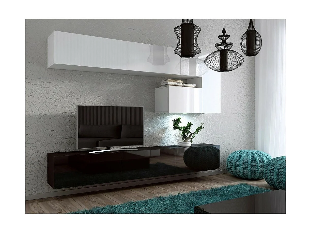 Hängendes Wohnzimmermöbel-Set in Weiß und Schwarz, Kollektion CEPTO XV. 249cm, 8 Möbelstücke, LED-Beleuchtung.