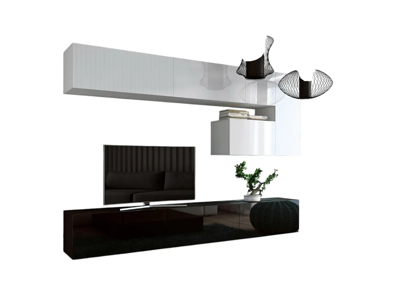 Ensemble meubles de salon suspendus blanc et noir collection CEPTO XV. 249cm, 8 meubles, leds.