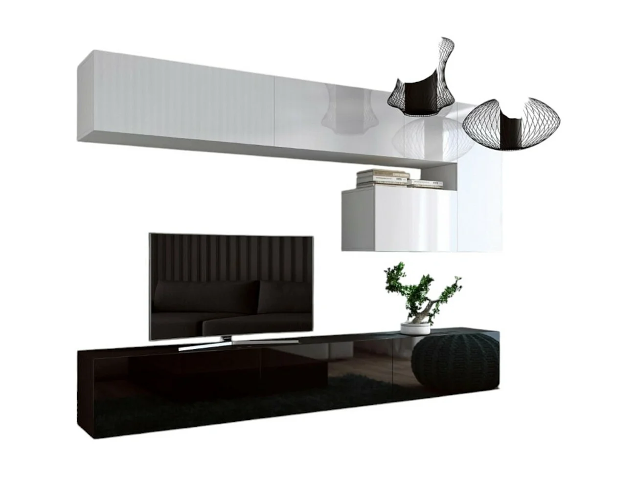 Conjunto de móveis de sala de estar suspensos branco e preto coleção CEPTO XV. 249cm, 8 móveis, leds.