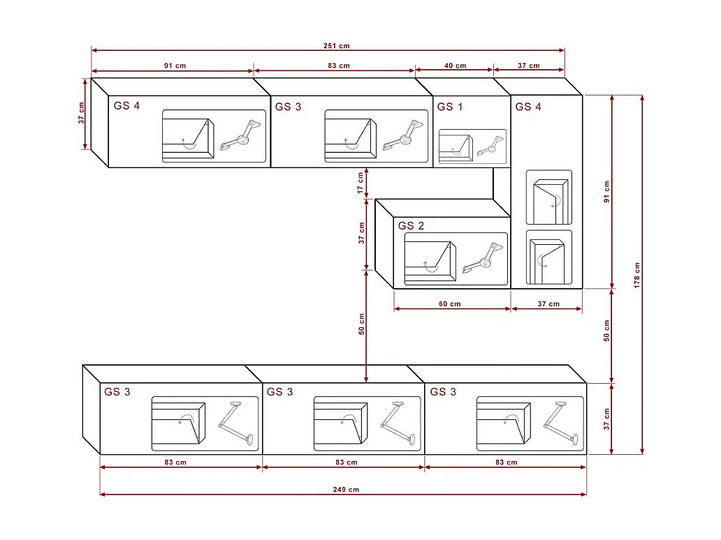 Conjunto de móveis de sala de estar suspensos branco e preto coleção CEPTO XV. 249cm, 8 móveis, leds.