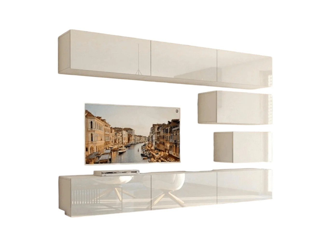 Ensemble de meubles de salon blanc suspendus collection CEPTO XVI 249cm, 8 meubles, modulables.