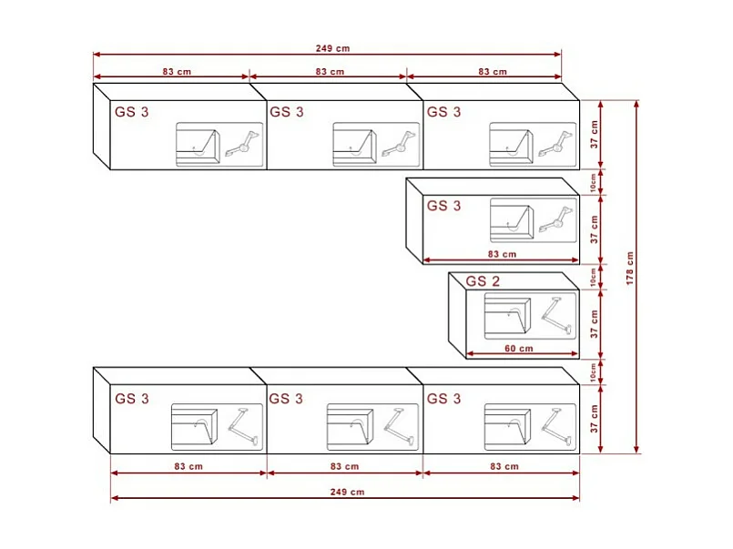 Witte zwevende woonkamermeubelset collectie CEPTO XVI 249cm, 8 modulaire meubelstukken.