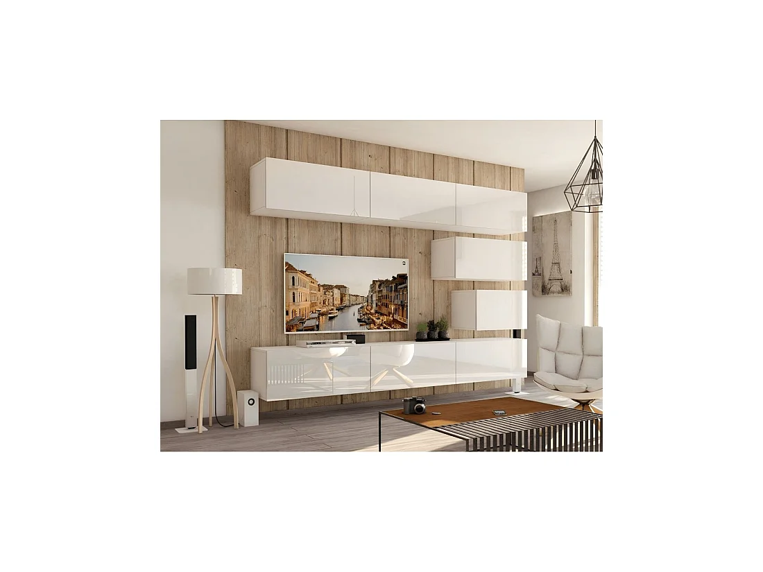 Conjunto de muebles de salón blancos suspendidos colección CEPTO XVI 249cm, 8 muebles, modulares.