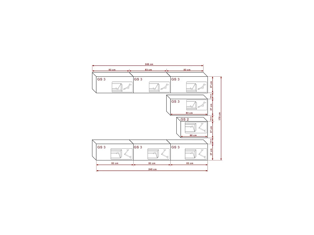 Conjunto de muebles de salón blancos suspendidos colección CEPTO XVI 249cm, 8 muebles, modulares.