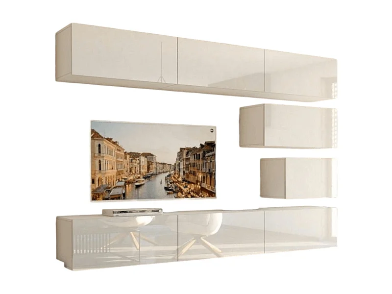 Witte zwevende woonkamermeubelset collectie CEPTO XVI 249cm, 8 modulaire meubelstukken.