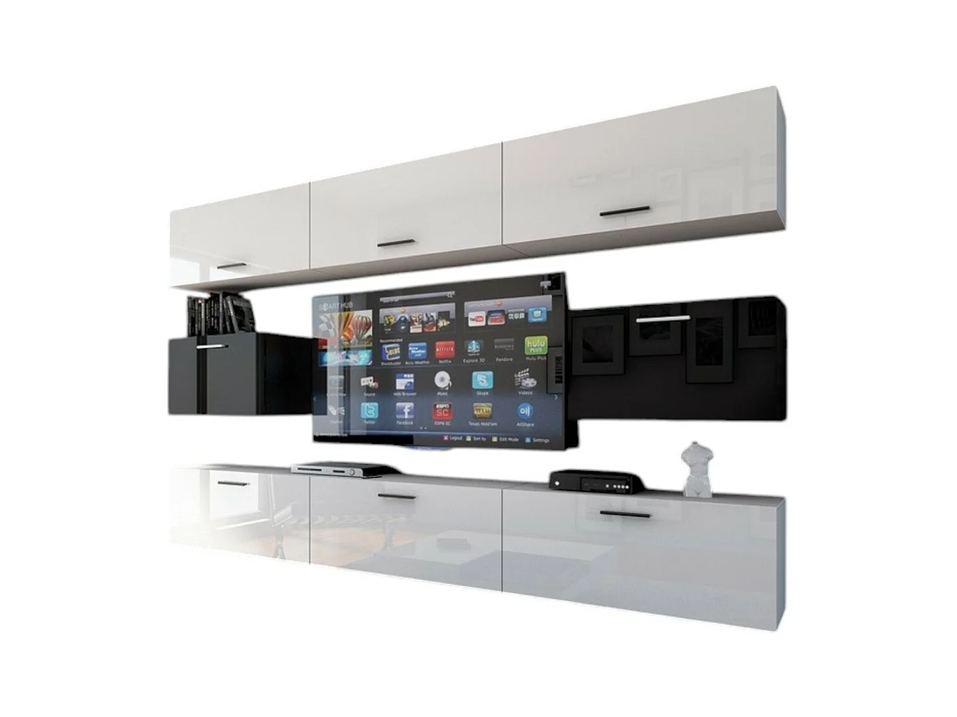 Ensemble de meubles de salon blanc et noir suspendus collection CEPTO VII 249cm, 8 portes, modulables.
