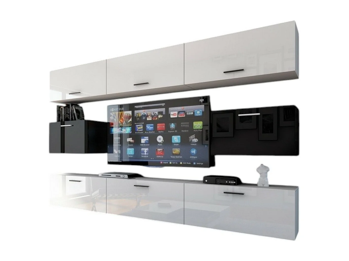 Woonkamerset wit en zwart zwevend, collectie CEPTO VII 249cm, 8 deuren, modulair.