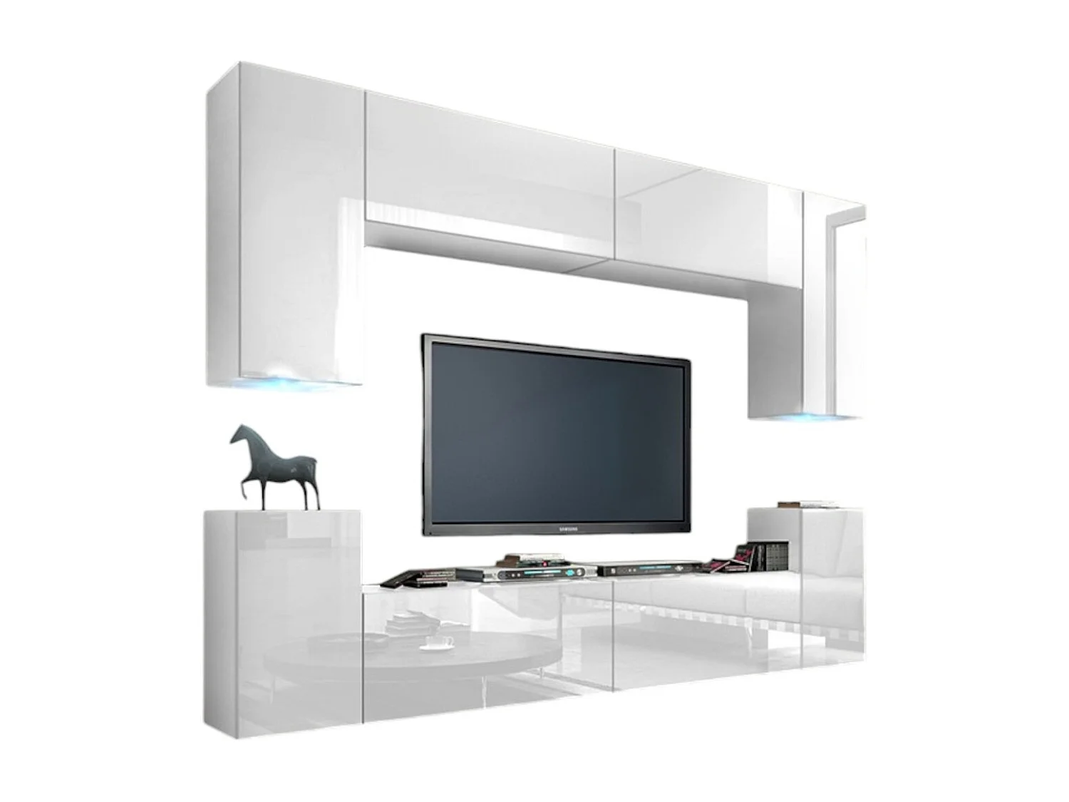Conjunto de muebles de salón blancos suspendidos colección CEPTO I 256cm, 8 puertas, 6 estantes, leds, modulares.
