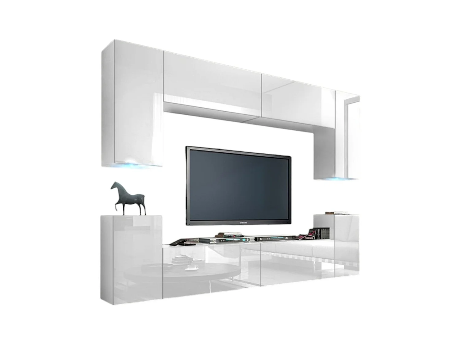 Ensemble de meubles de salon blanc suspendus collection CEPTO I 256cm, 8 portes, 6 étagères, leds, modulables.