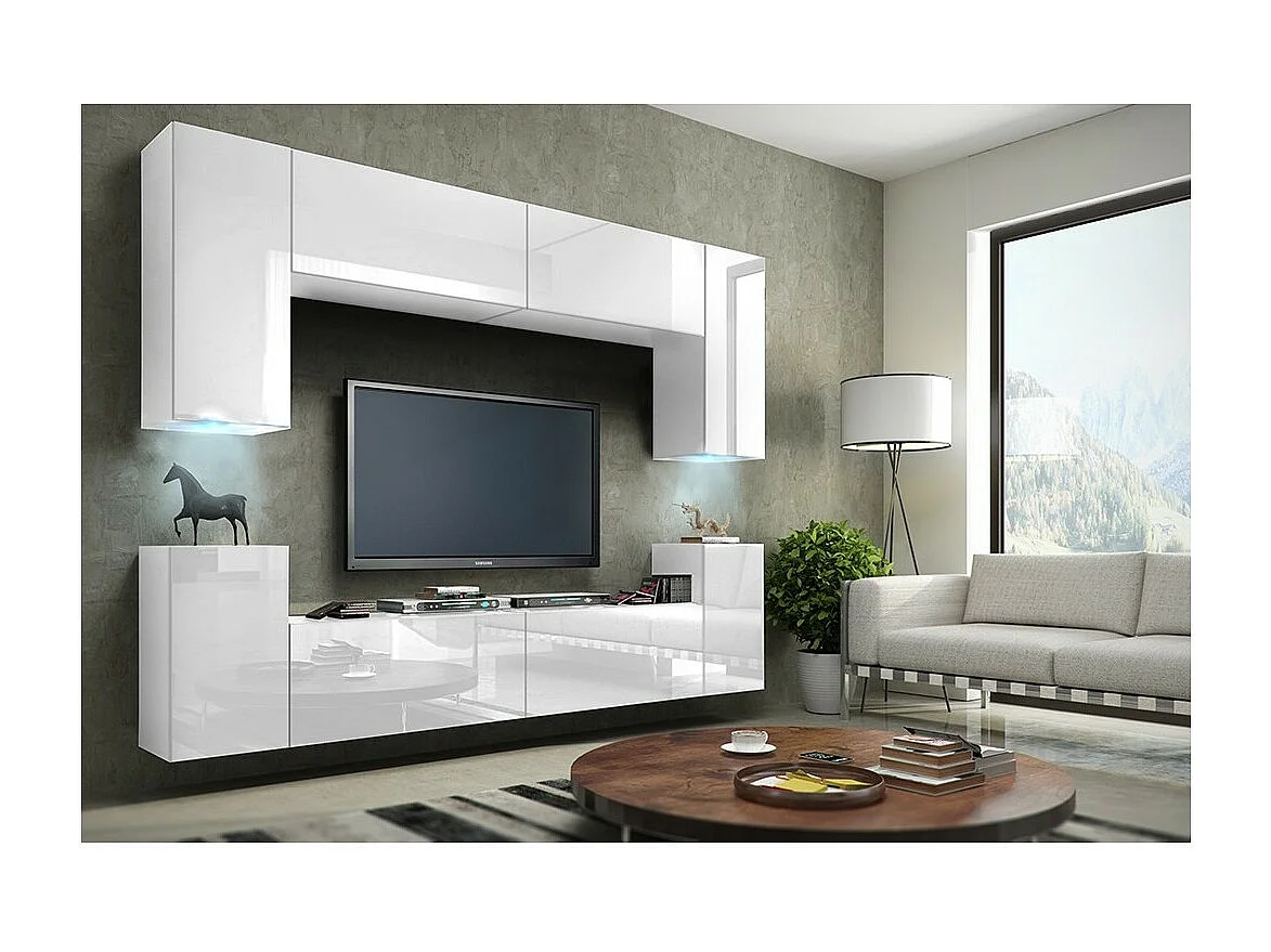 Set di mobili da salotto bianco sospeso collezione CEPTO I 256cm, 8 porte, 6 scaffali, led, modulari.