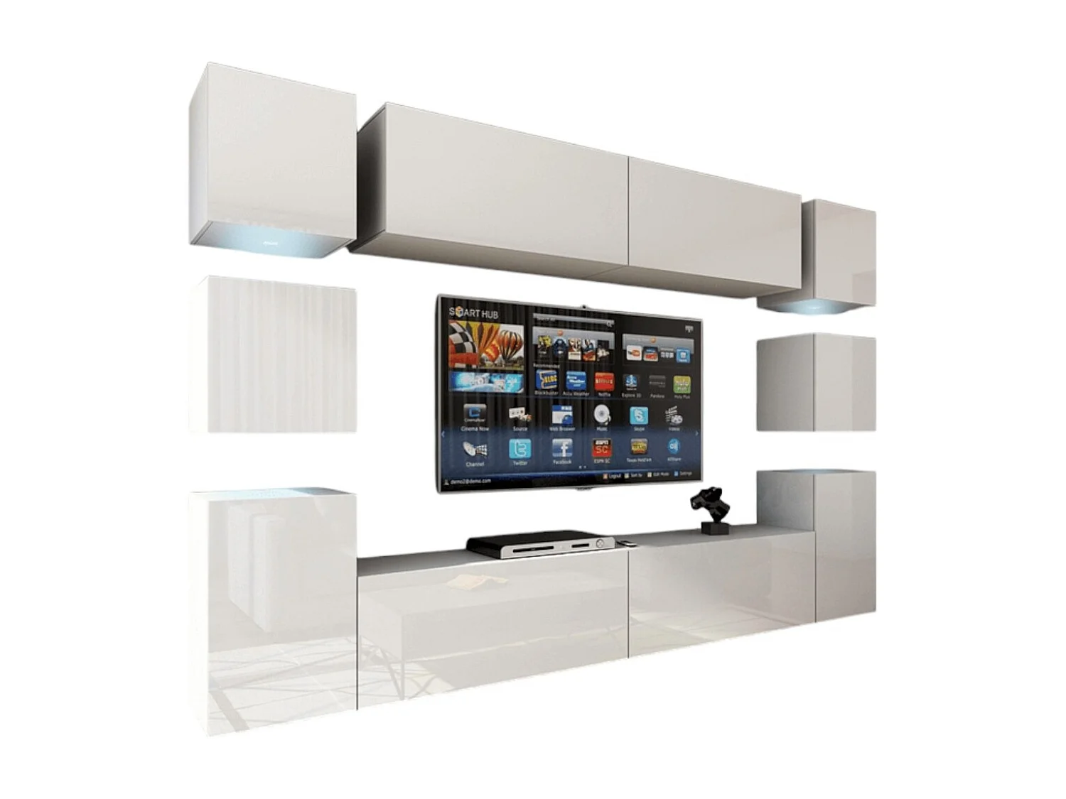 Ensemble de meubles de salon blanc suspendus collection CEPTO XIV. 256cm, 10 meubles, 10 portes, leds