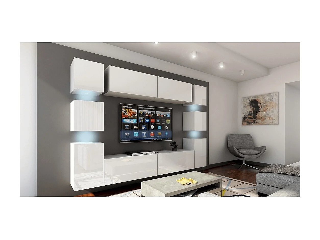 Ensemble de meubles de salon blanc suspendus collection CEPTO XIV. 256cm, 10 meubles, 10 portes, leds