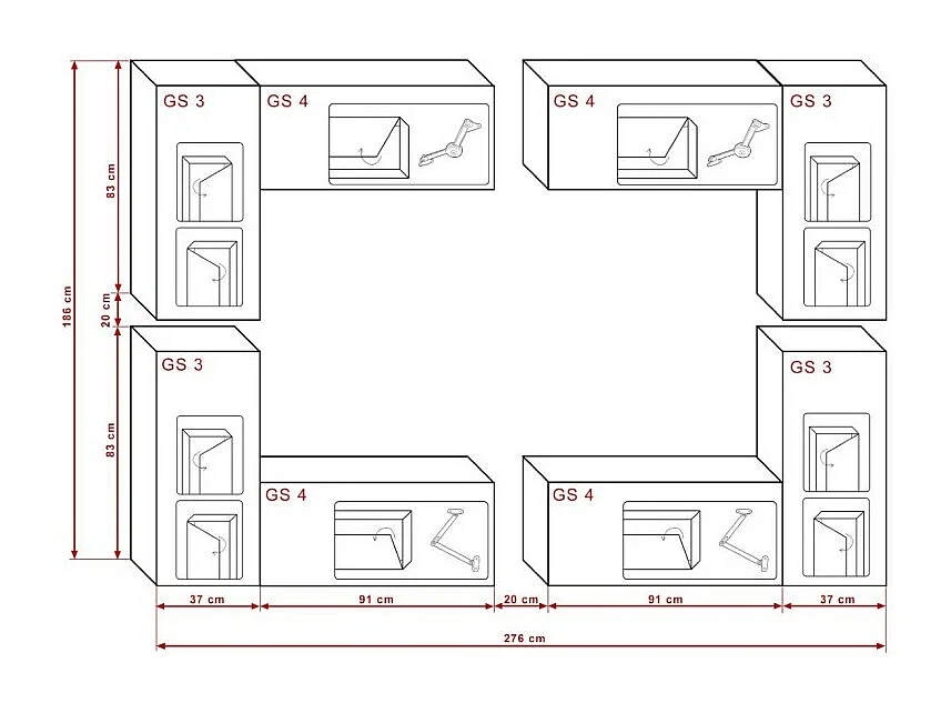 Set di mobili da soggiorno neri sospesi collezione CEPTO XX 276cm, 8 pezzi, con LED, modulari.