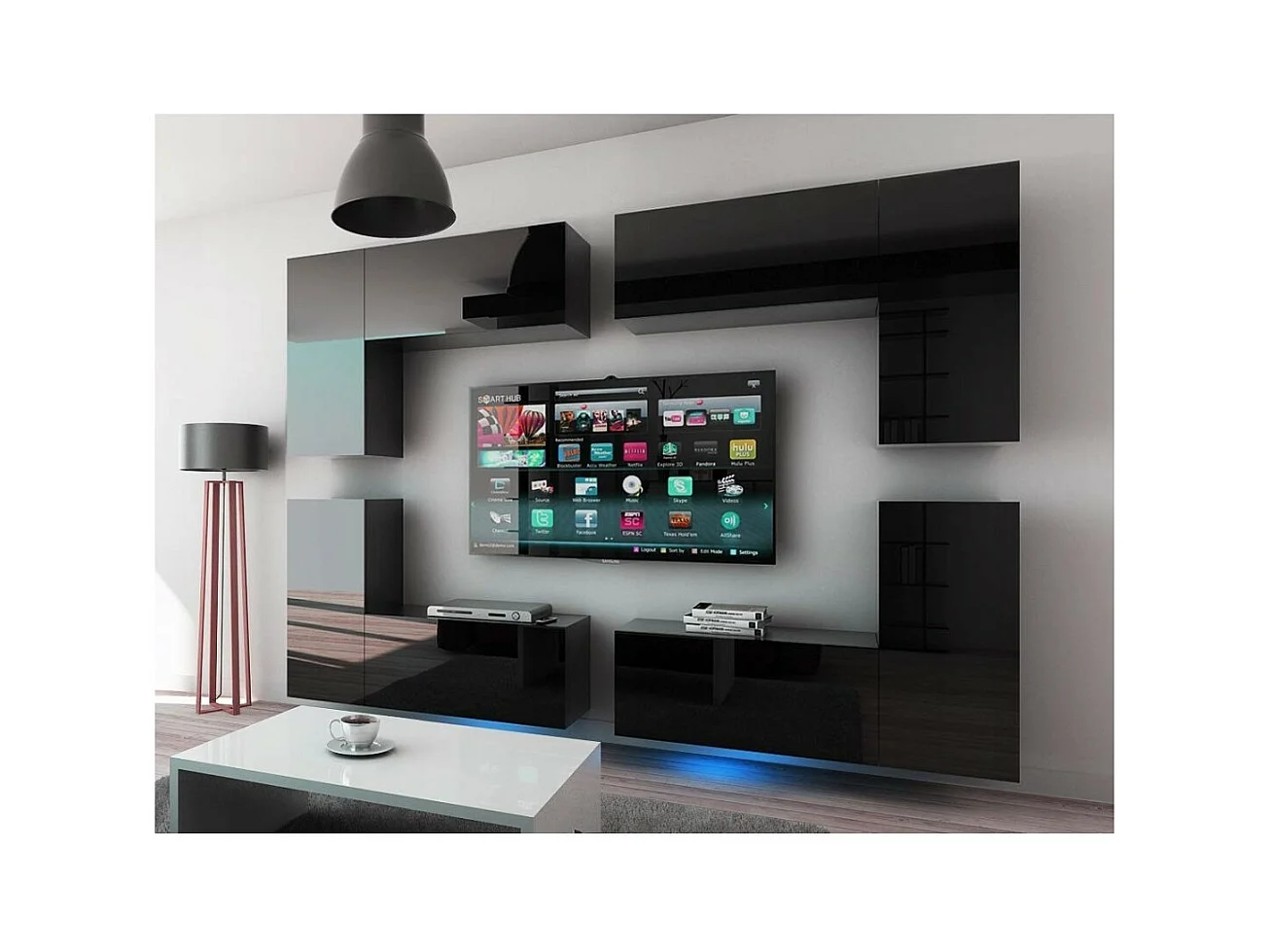 Ensemble de meubles de salon noir suspendus collection CEPTO XX 276cm, 8 meubles, leds, modulables.