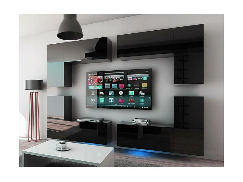 Zwarte zwevende woonkamerset CEPTO XX collectie 276cm, 8 meubelstukken, leds, modulair.
