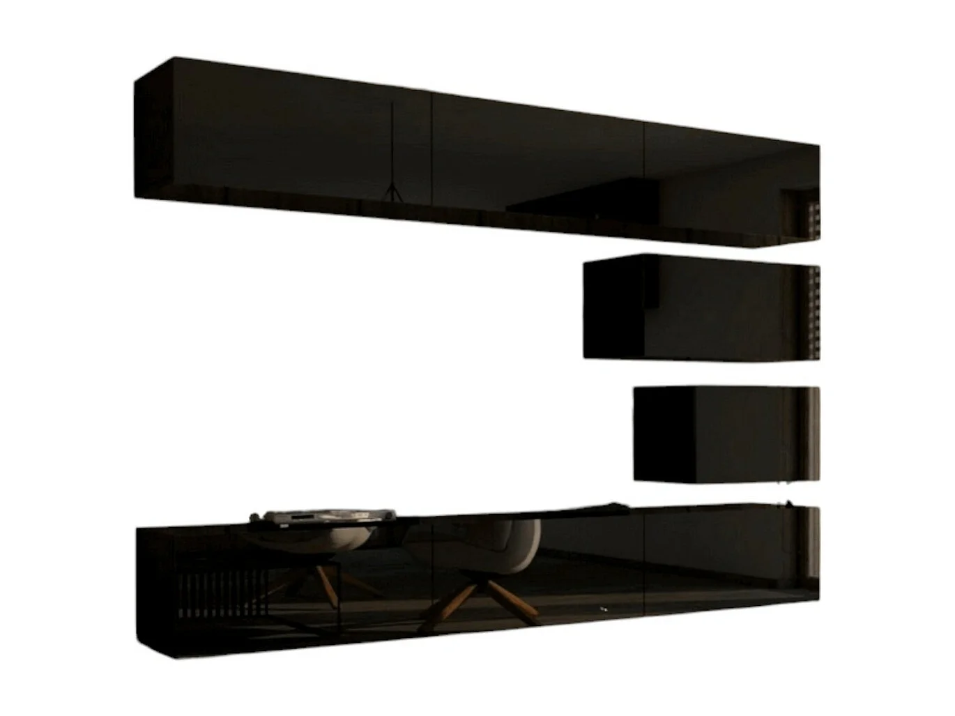 Schwarze hängende Wohnzimmermöbel-Set Kollektion CEPTO XVI 249cm, 8 Teile, modulierbar.