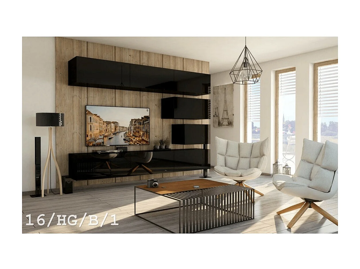 Schwarze hängende Wohnzimmermöbel-Set Kollektion CEPTO XVI 249cm, 8 Teile, modulierbar.